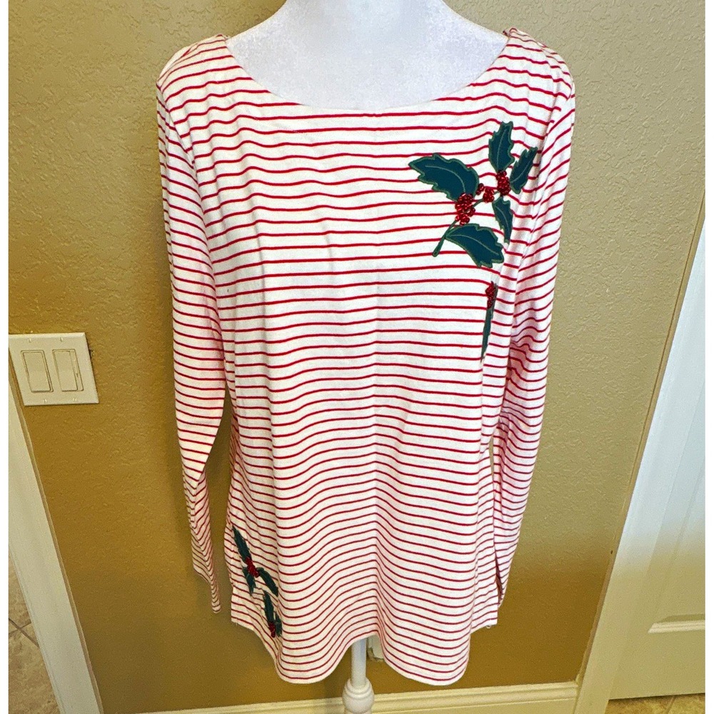Talbots Women's Striped Knit Boat Neck Pullover Top, Red/White/Green, L,Festive